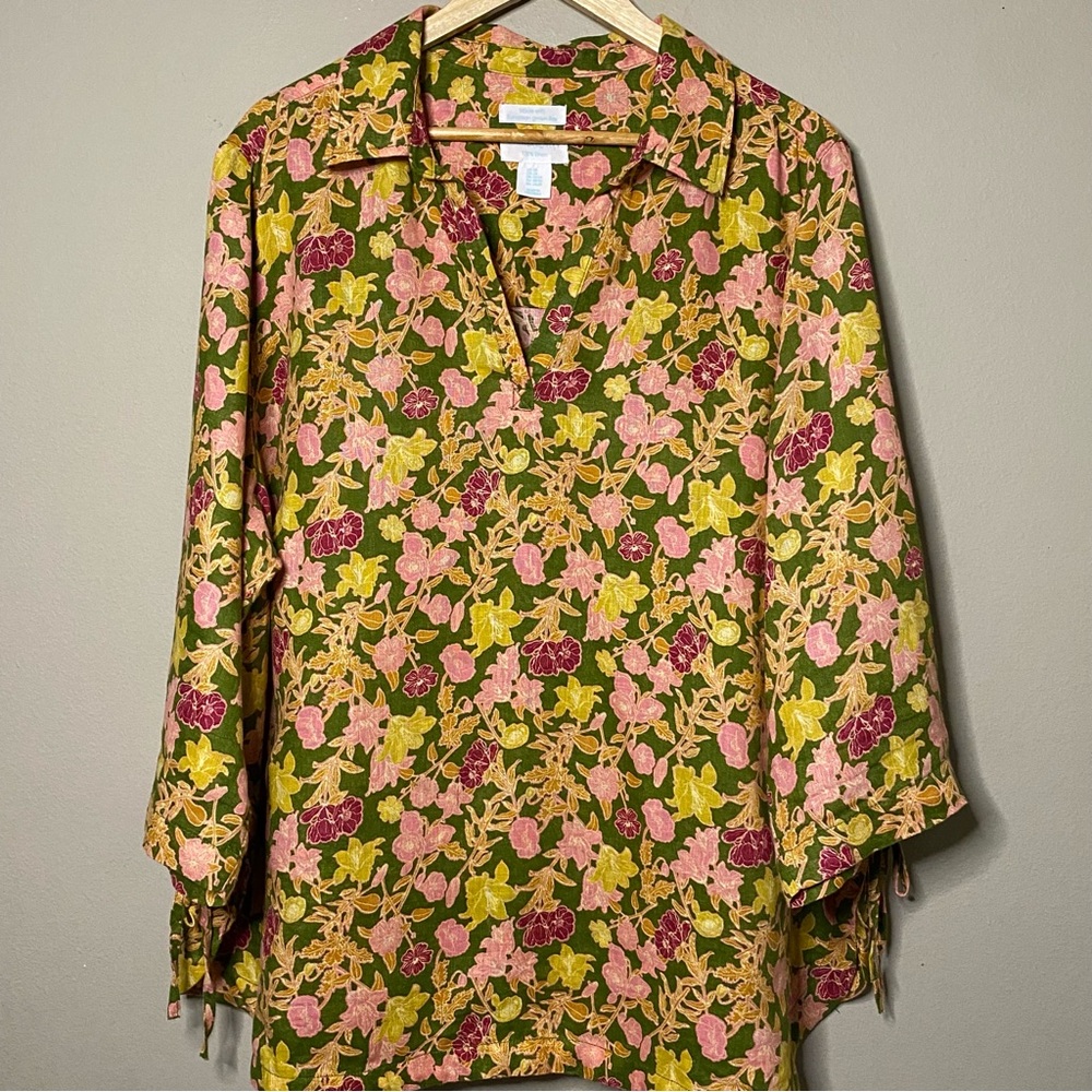Cynthia Rowley European Flax Blouse Women 2X Green Pink Floral Linen Coastal